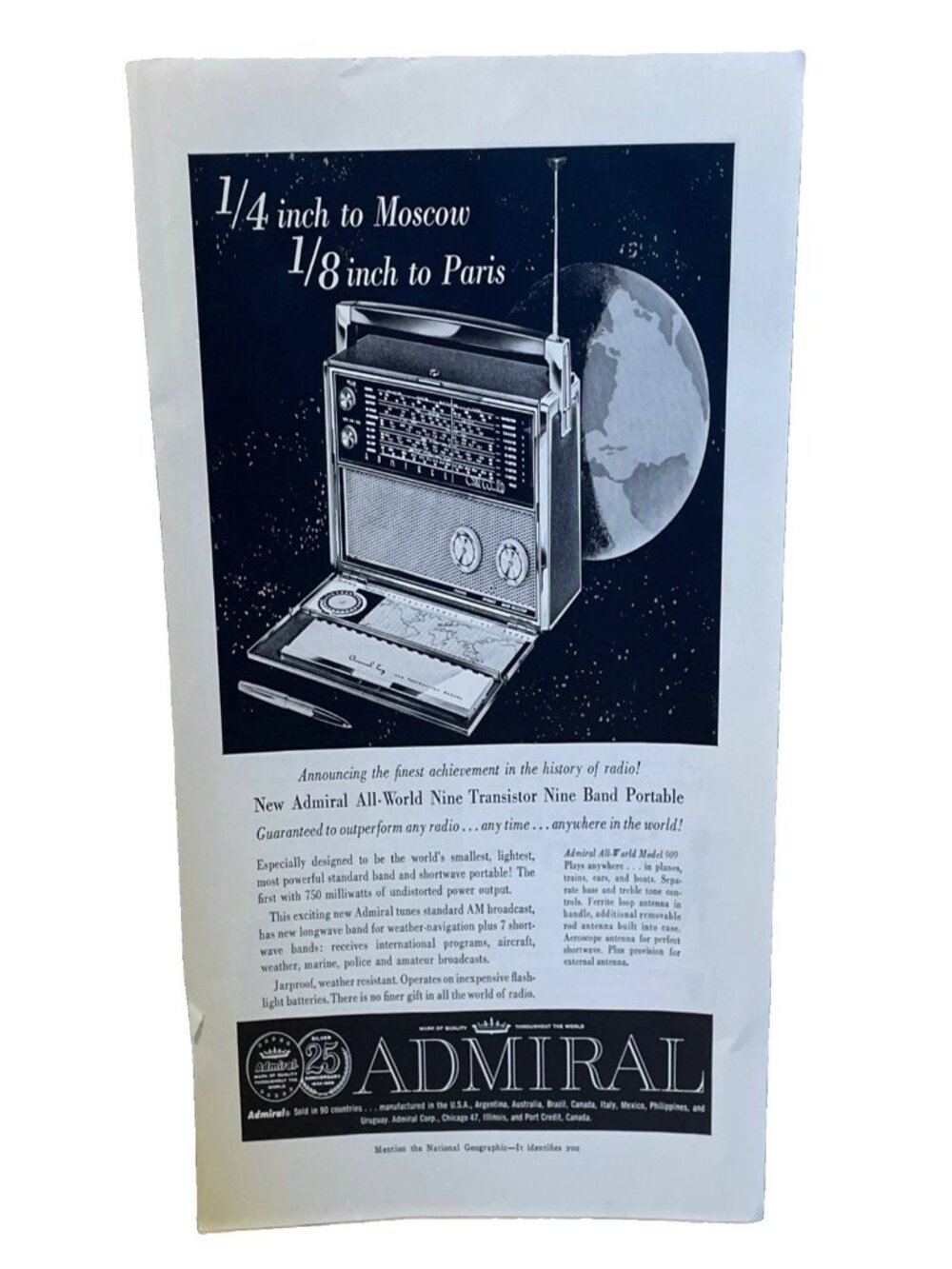 1959 Admiral All-World Nine Transistor Nine Band Portable Radio Print Ad Nat Geo